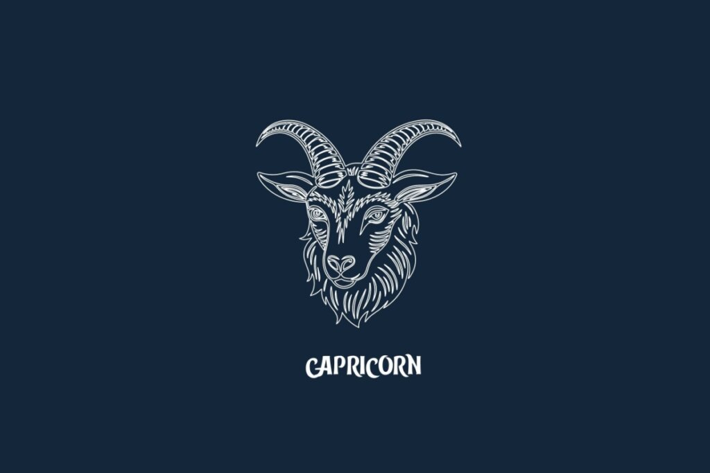 Ilustração em linhas brancas sobre fundo azul-escuro representando o signo de Capricórnio. O desenho mostra em close apenas a cabeça de uma cabra com chifres grandes e curvados. Logo abaixo, está escrita a palavra "CAPRICORN" em fonte estilizada branca.
