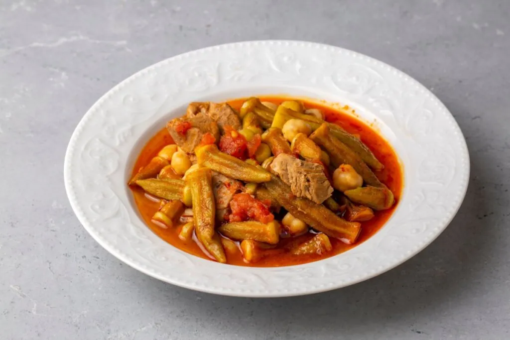 Carne de panela com quiabo, grão-de-bico e molho avermelhado servida em prato branco fundo