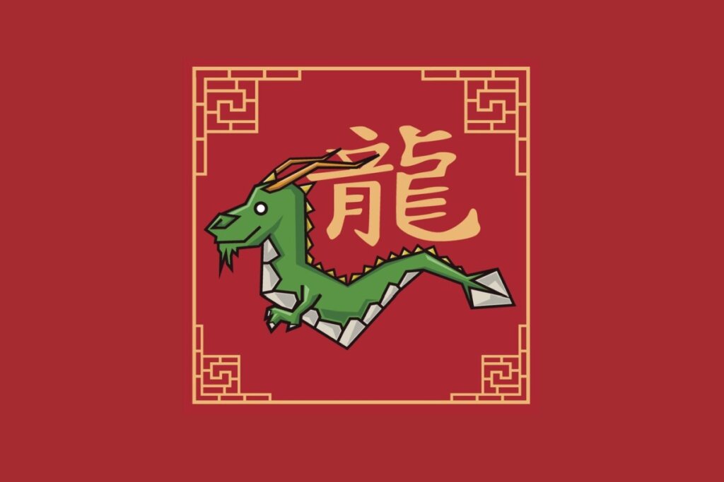 Ilustração em estilo plano do signo chinês do Dragão sobre fundo vermelho. Um dragão verde com chifres dourados é desenhado em movimento dentro de uma moldura quadrada dourada com detalhes gregos nos cantos. Ao fundo, destaca-se o caractere chinês do signo em dourado.