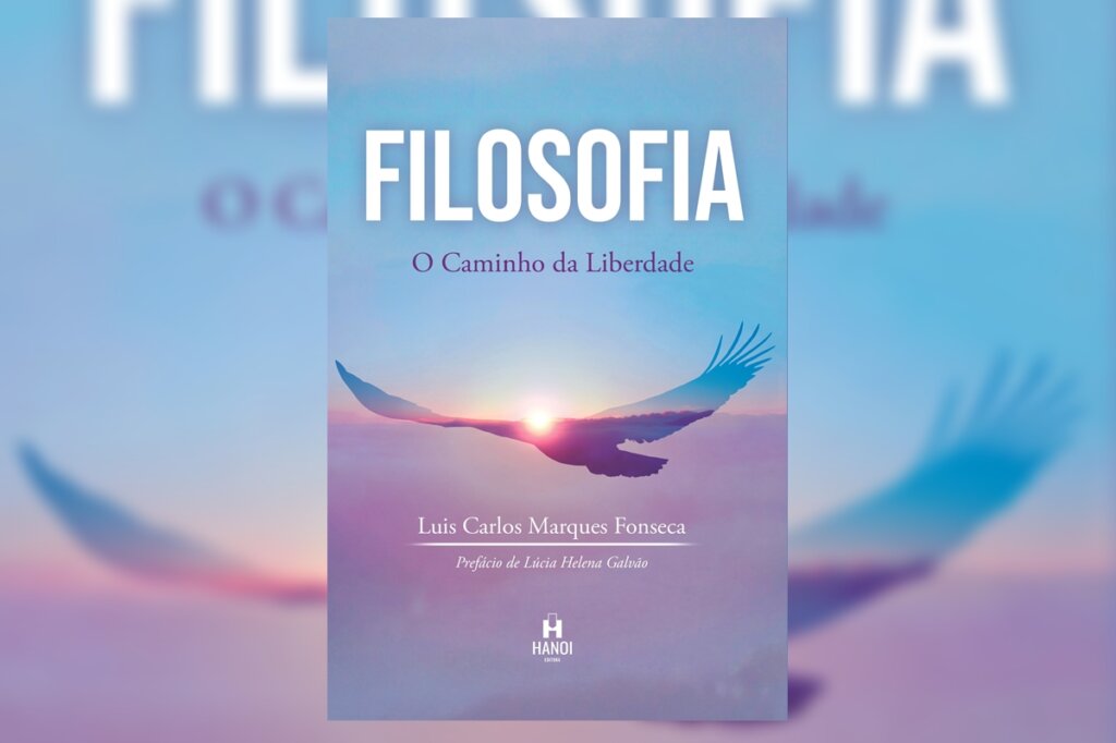 Capa do livro " Filosofia - O caminho da liberdade", com a foto de um pássaro voando ao pôr do sol 