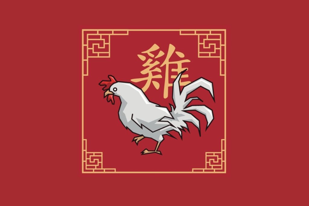 Ilustração em estilo plano do signo chinês do Galo sobre fundo vermelho. Um galo branco com crista vermelha é desenhado de perfil dentro de uma moldura quadrada dourada com detalhes gregos nos cantos. Ao fundo, destaca-se o caractere chinês do signo em dourado.