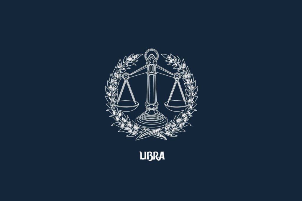Ilustração em linhas brancas sobre fundo azul-escuro representando o signo de Libra. O desenho mostra uma balança de dois pratos em perfeito equilíbrio, emoldurada por duas ramificações de folhas que formam um círculo. Logo abaixo, está escrita a palavra "LIBRA" em fonte estilizada branca.