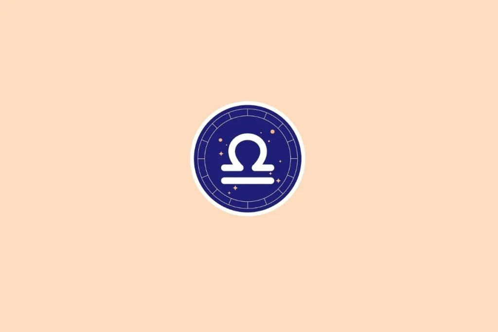 Ilustração do signo de libra em branco em um círculo azul em cima de um fundo bege