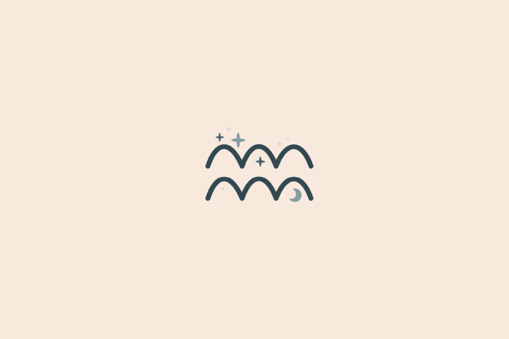 Imagem minimalista com fundo bege claro e um símbolo azul de Aquário no centro, acompanhado de pequenos detalhes místicos acima do desenho