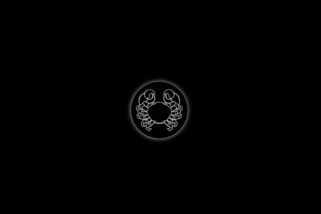 Ilustração de um caranguejo, representando o signo de câncer, em um fundo preto
