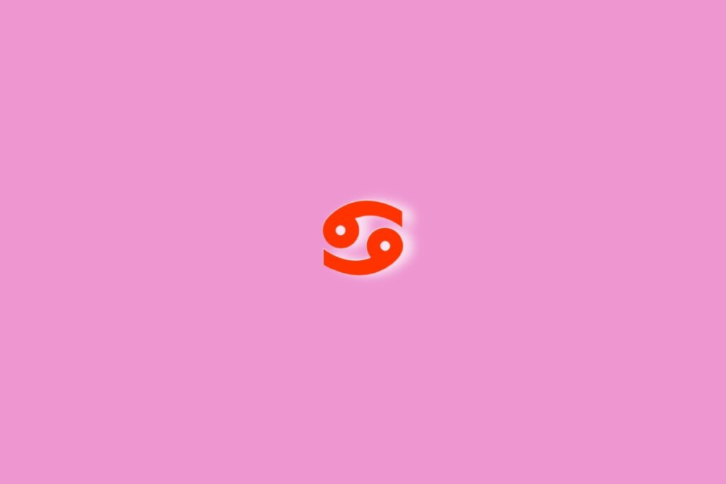 Fundo rosa com o símbolo do signo de câncer em vermelho no centro da imagem. Luz branca ao redor dele