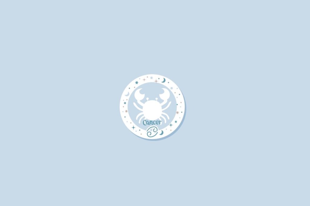 Símbolo do signo de câncer sobre fundo azul-claro, com detalhes de estrelas e luas distribuídos ao redor em um círculo branco