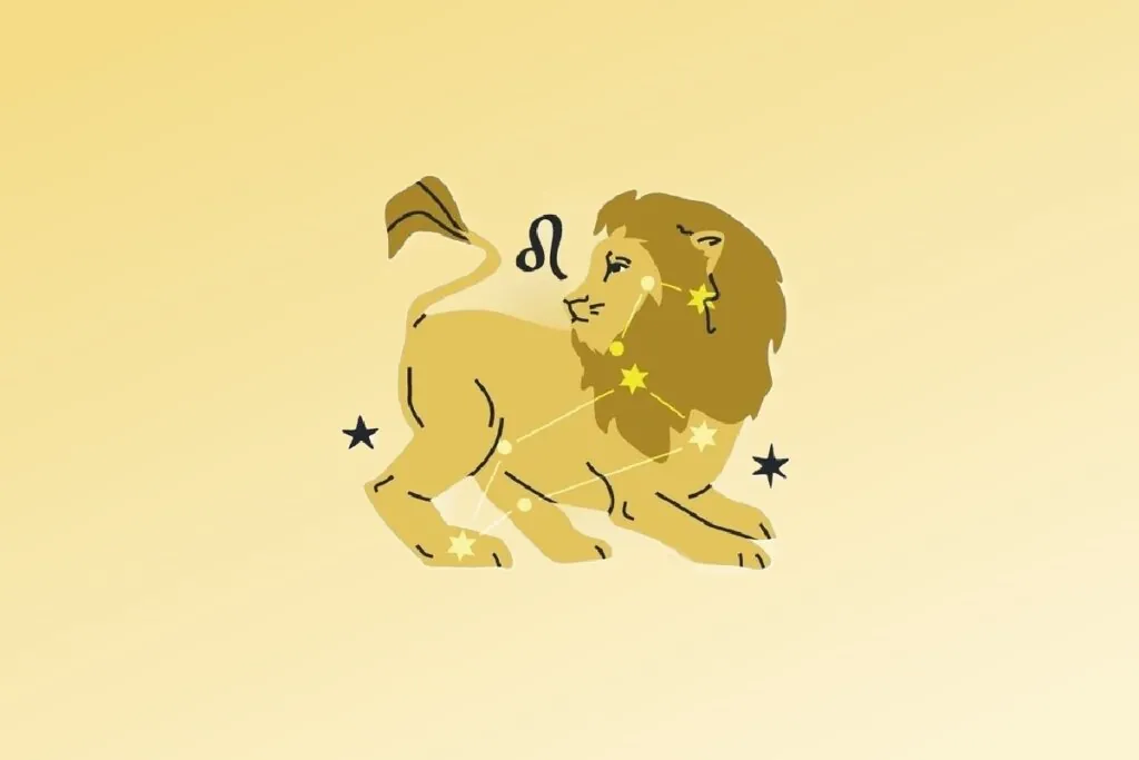 ilustração de um leão amarelo com constelação do signo de leão em cima sobre fundo amarelo-claro