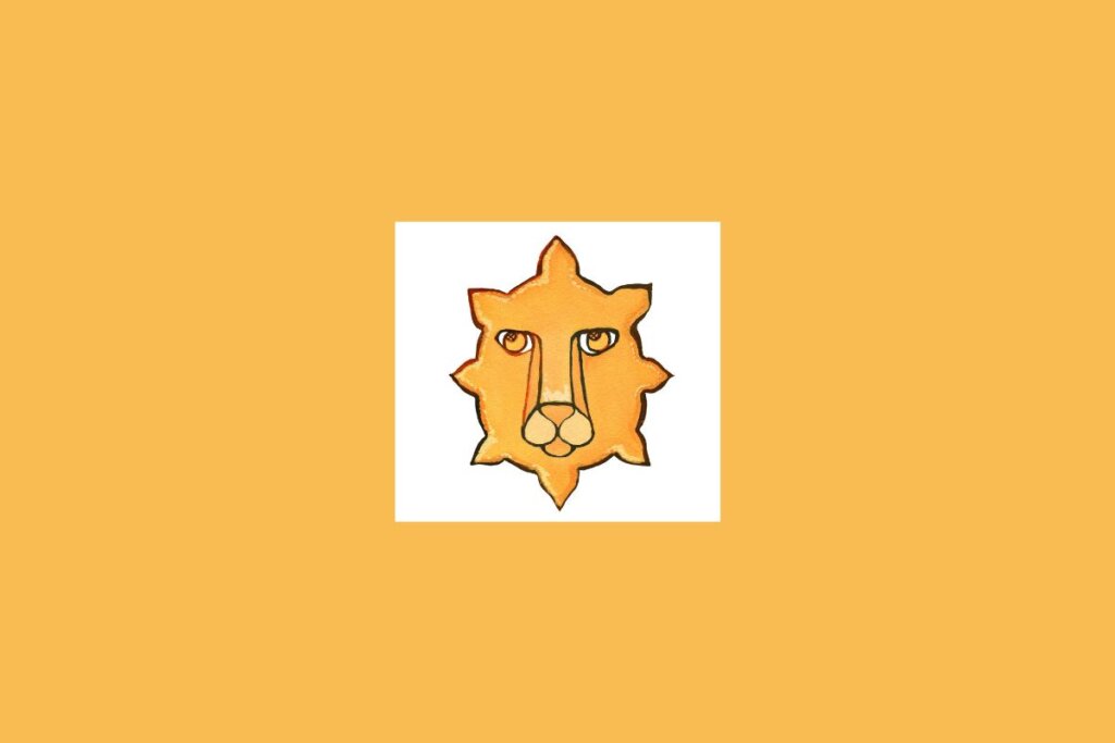 Uma ilustração simples de um leão estilizado, representando o signo de Leão, sobre um fundo claro cercado por um tom alaranjado