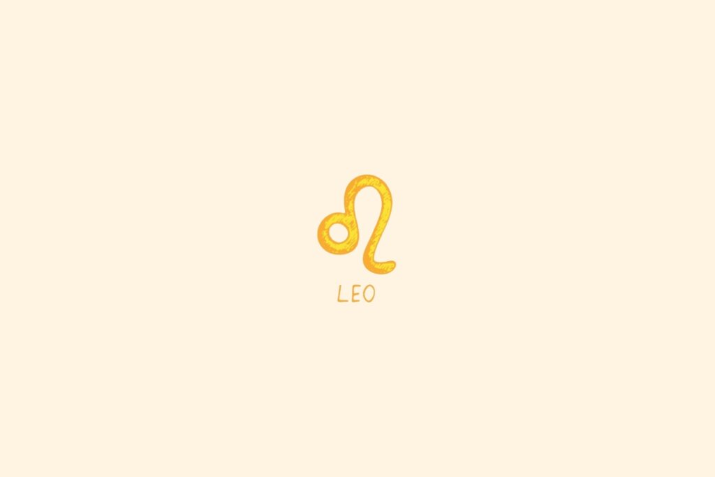 símbolo do signo de Leão em dourado sobre fundo bege claro, com o nome “LEO” abaixo