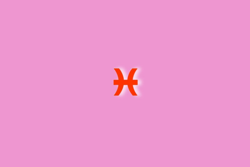 Fundo rosa com o símbolo do signo de peixes em vermelho no centro da imagem. Luz branca ao redor dele