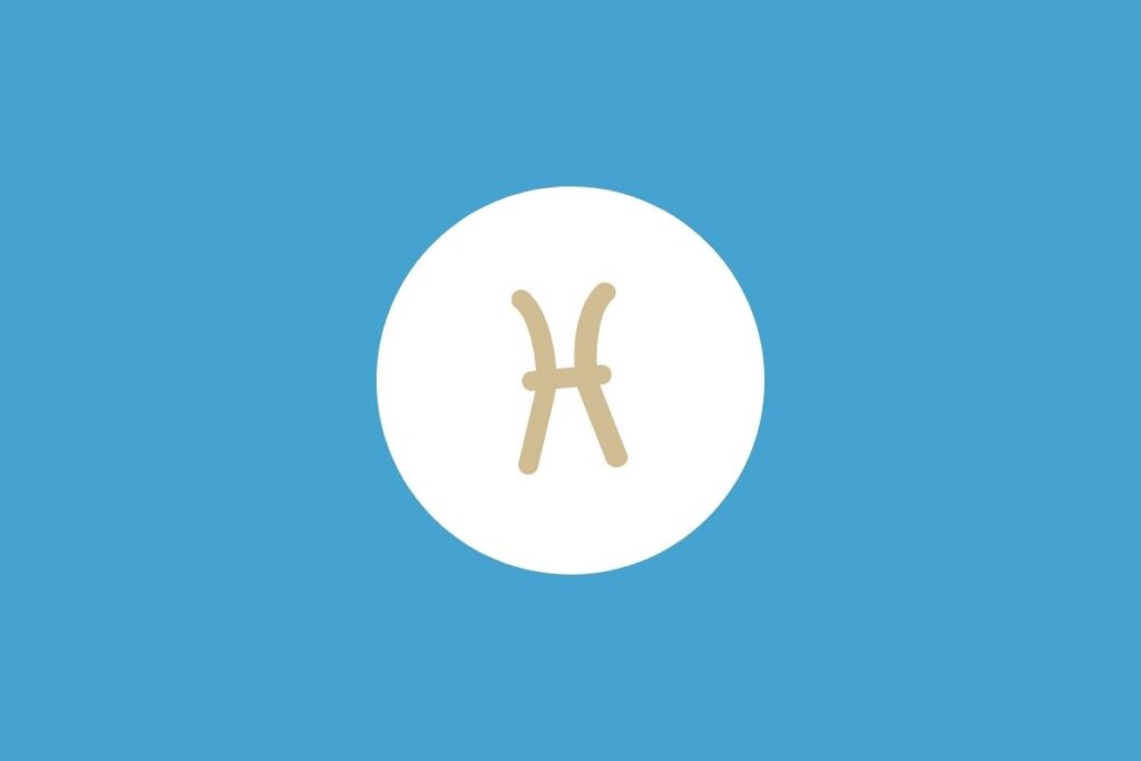 Símbolo do signo de Peixes em um círculo branco sobre fundo azul
