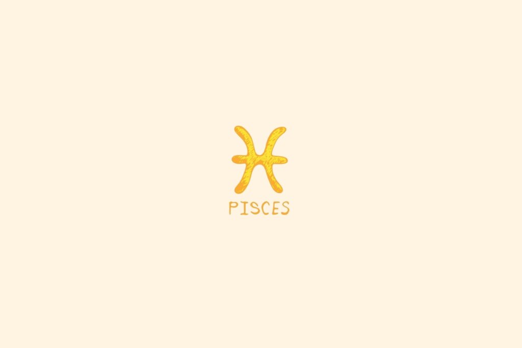 símbolo do signo de Peixes em dourado sobre fundo bege claro, com o nome “PISCES” abaixo