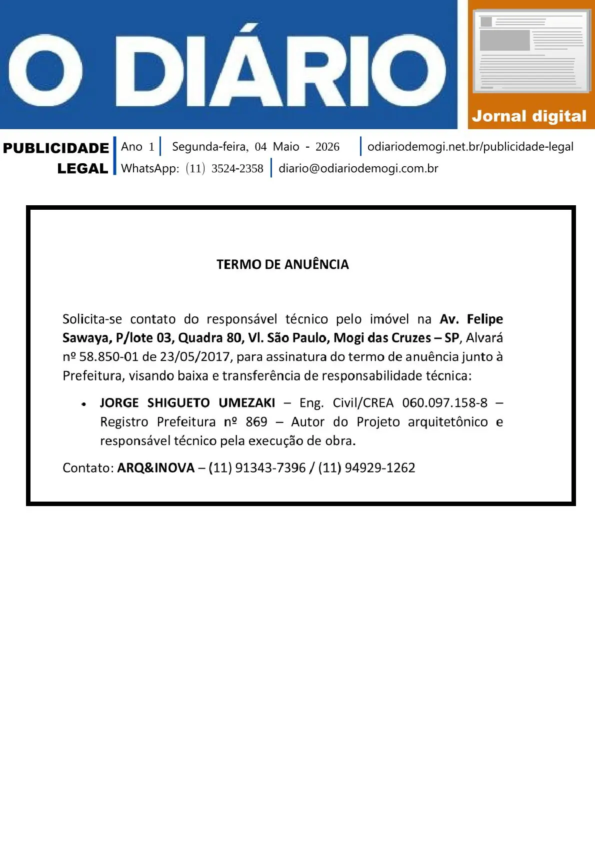 Segunda-Feira, 04 de Maio 2026