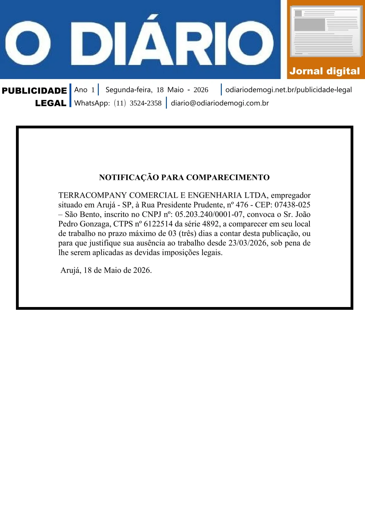 Segunda-Feira, 18 de Maio 2026