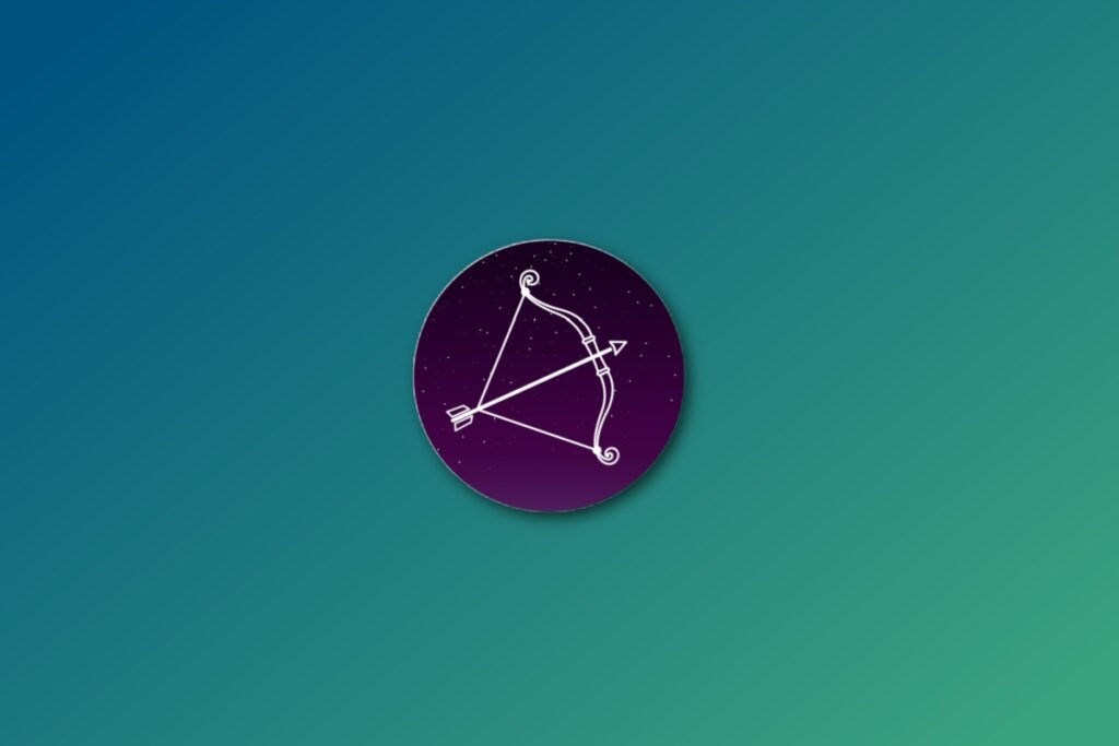 Ilustração do signo de sagitário em roxo em um fundo verde-jade