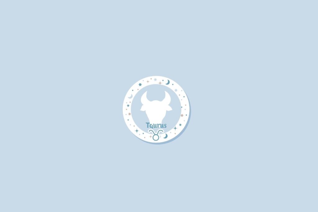 Símbolo do signo de touro sobre fundo azul-claro, com detalhes de estrelas e luas distribuídos ao redor em um círculo branco