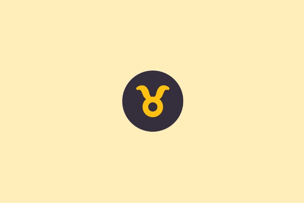 Um símbolo do signo de Touro em amarelo, dentro de um círculo escuro, sobre um fundo claro bege