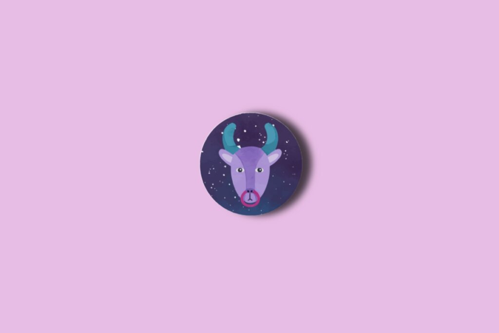 Ilustração do signo de touro em um círculo azul com estrelas e sobre um fundo rosa