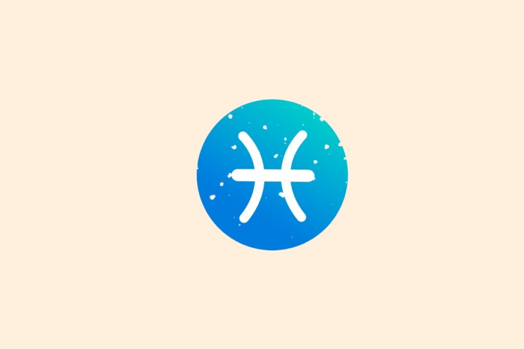 Ilustração do signo de Peixes contendo símbolo em forma de duas curvas opostas unidas por linha central em círculo com gradiente azul em fundo bege-amarelado
