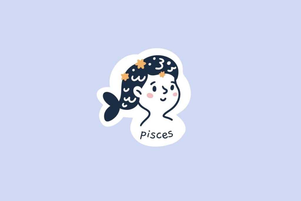 Ilustração do signo de Peixes, contendo uma criança de cabelos escuros em formato de cauda de peixe, adornada com estrelas alaranjadas, em fundo azul-claro