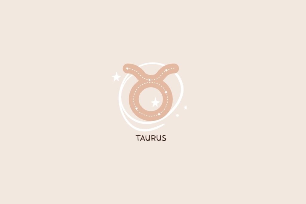 Ícone do signo de Touro em tom bege, representando um círculo com duas hastes superiores, traços pontilhados e detalhes de estrelas sobre um fundo claro