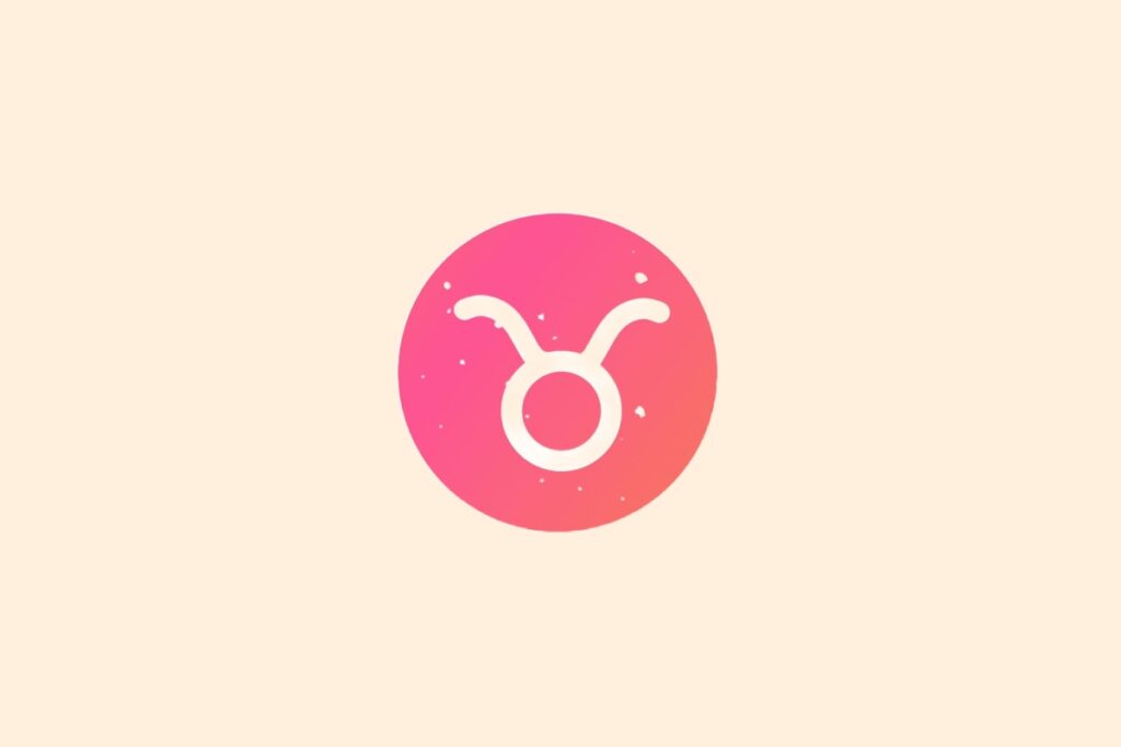 Ilustração do signo de Touro contendo símbolo em forma de círculo com dois chifres curvos em círculo com gradiente rosa-salmão em fundo bege-amarelado