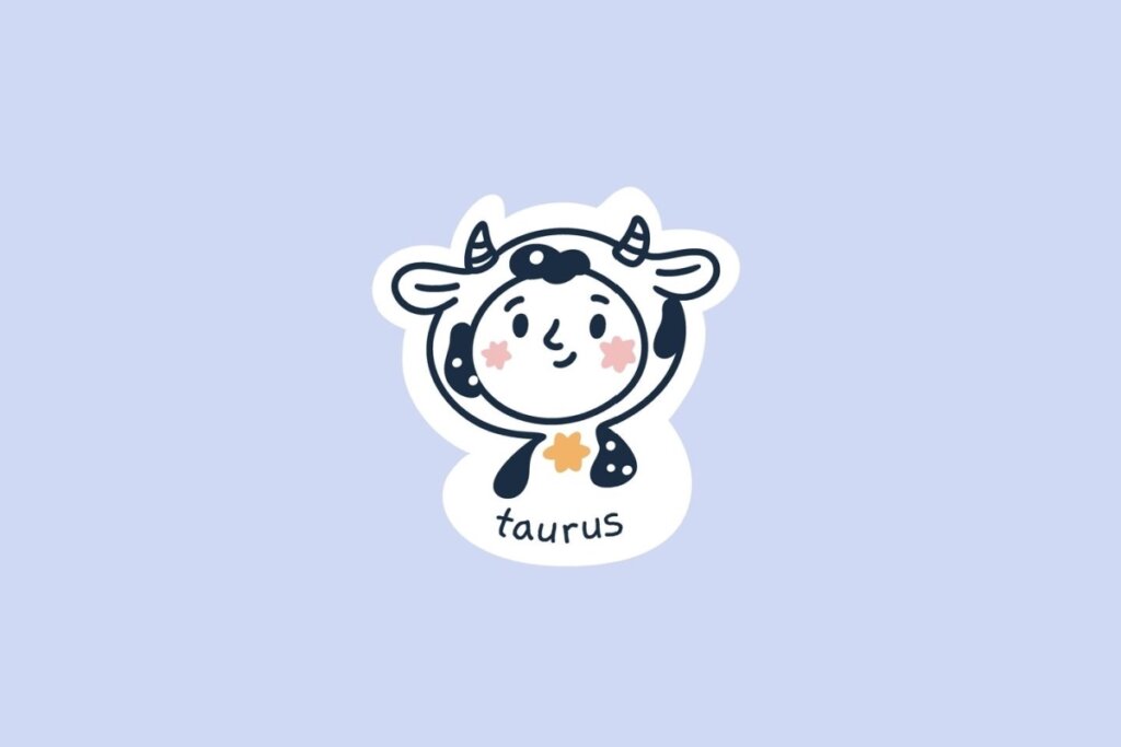 Ilustração do signo de Touro, contendo uma criança sorridente vestindo um capuz com orelhas e pequenos chifres de boi, adornada com estrelas alaranjadas, em fundo azul-claro