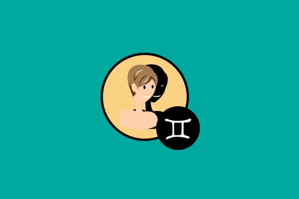 Ilustração do signo de Gêmeos, em fundo verde-azulado, contendo duas figuras humanas lado a lado, uma em tom bege e outra sombreada em preto, dentro de um círculo, e o símbolo astrológico em um círculo preto