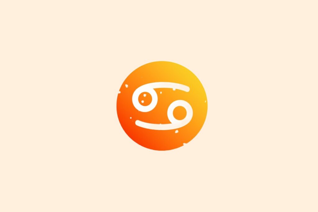Ilustração do signo de Câncer contendo símbolo em forma de dois espirais opostos em círculo com gradiente laranja em fundo bege-amarelado