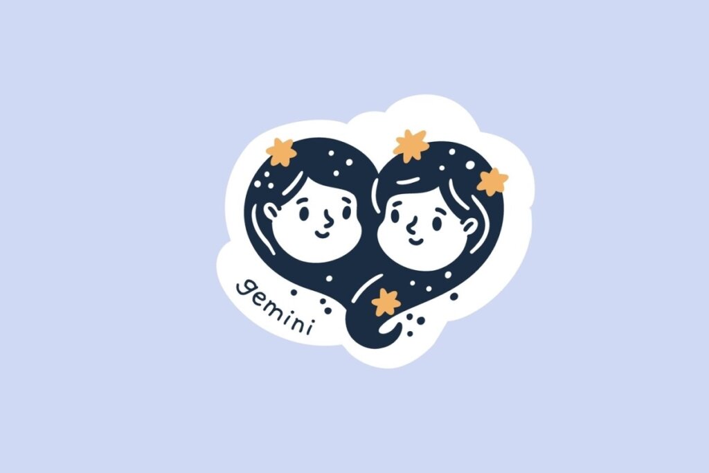 Ilustração do signo de Gêmeos, contendo duas crianças de cabelos escuros unidas por uma mecha em forma de coração, com estrelas alaranjadas no topo, em fundo azul-claro
