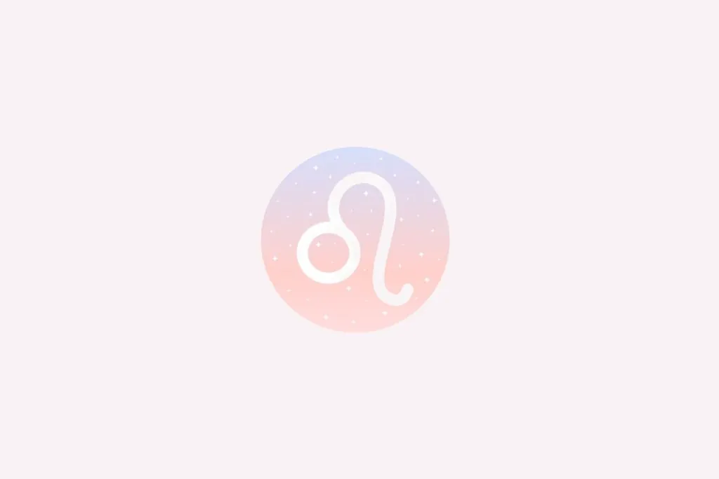 Ilustração do signo de Leão com traço branco curvo, em fundo em tons claros de rosa e azul com pontos brilhantes