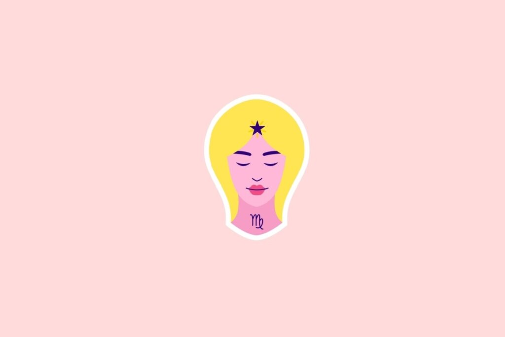 Ilustração de um rosto feminino com cabelos amarelos, olhos fechados e o símbolo de Virgem no pescoço, sobre fundo rosa-claro
