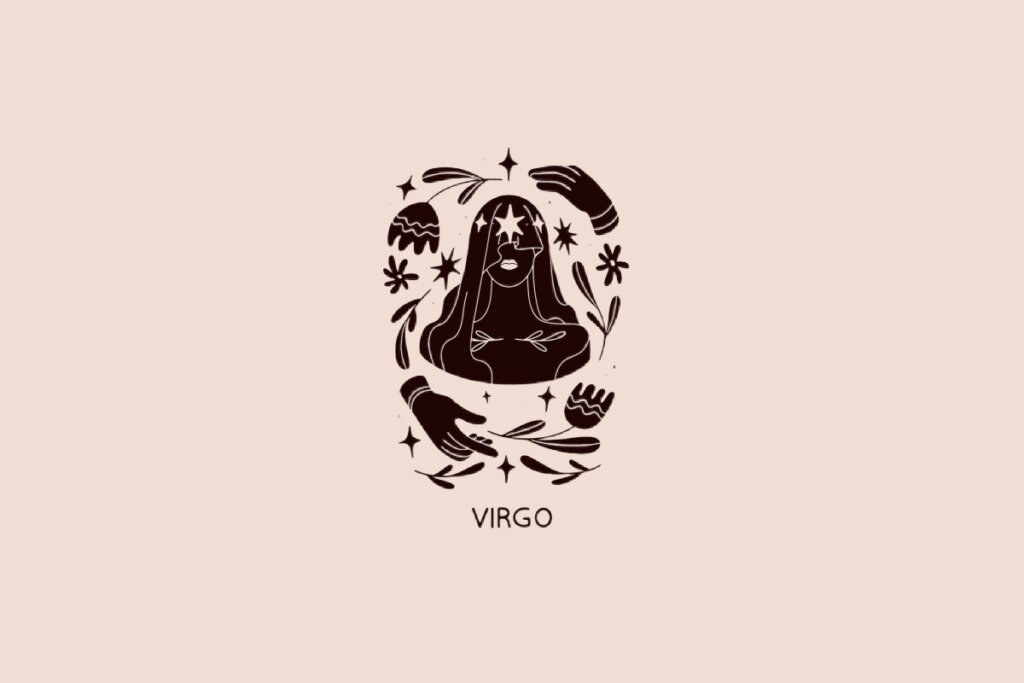 Ilustração do signo de Virgem contendo uma figura feminina com flores e folhas em fundo bege