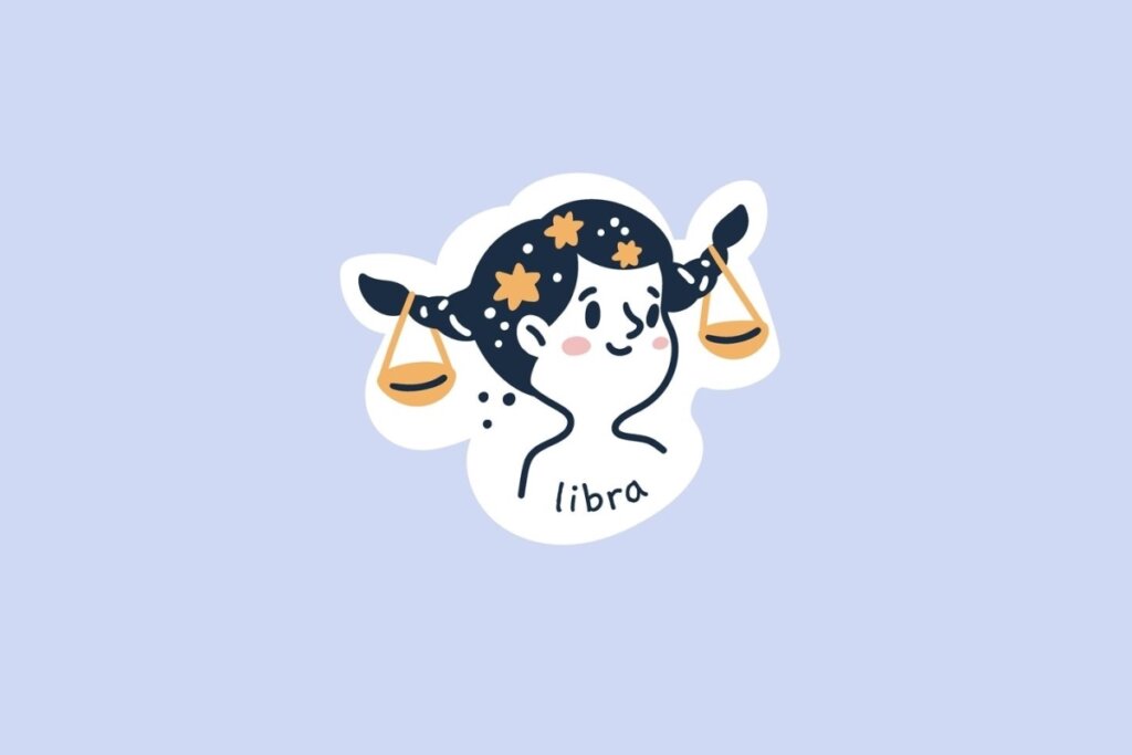 Ilustração do signo de Libra, contendo uma criança de cabelos escuros presos em duas tranças que seguram pequenas balanças douradas, em fundo azul-claro