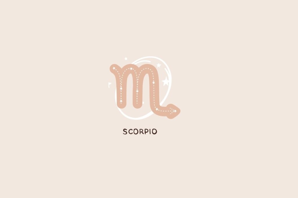 Ícone do signo de Escorpião em tom bege, representando um “M” estilizado com uma cauda curva apontando para a direita, traços pontilhados e detalhes de estrelas sobre um fundo claro