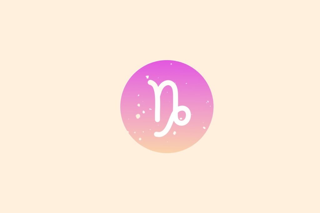 Ilustração do signo de Capricórnio contendo símbolo em forma de letra N com traço curvo na base em círculo com gradiente rosa e bege em fundo bege-amarelado