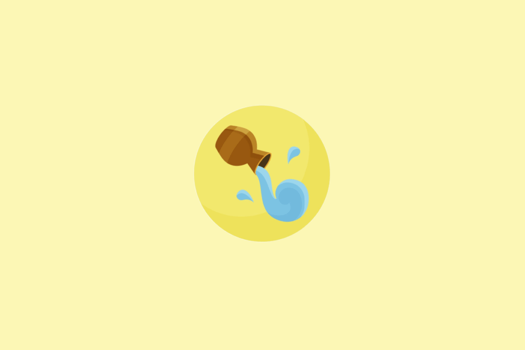 Ilustração estilizada de um vaso marrom inclinado despejando água azul ondulada, inserida em um círculo amarelo claro sobre um fundo amarelo ainda mais claro.