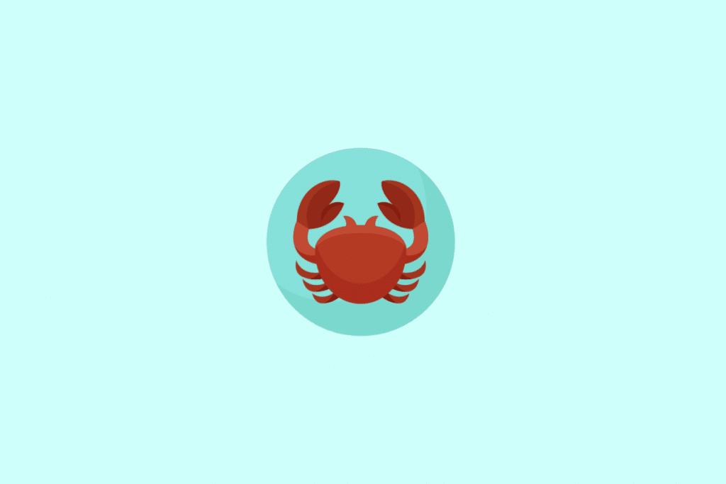 Ilustração estilizada de um caranguejo marrom-avermelhado simétrico com as duas garras levantadas, inserida em um círculo azul-turquesa claro sobre um fundo azul-esverdeado ainda mais claro.