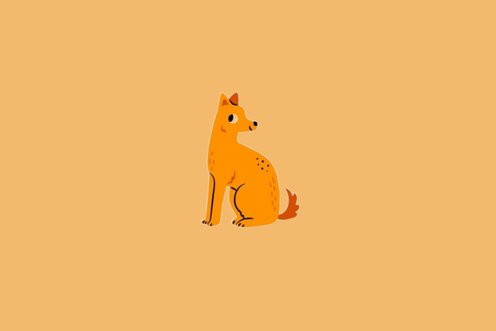 Ilustração minimalista de um cão de cor alaranjada com orelhas pontudas e manchas escuras, sobre um fundo sólido bege-alaranjado.