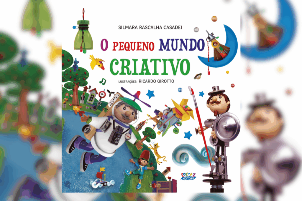 Capa do livro “O pequeno mundo criativo”, com ilustração do planeta Terra, astronautas, nave espacial e a Lua acima da órbita