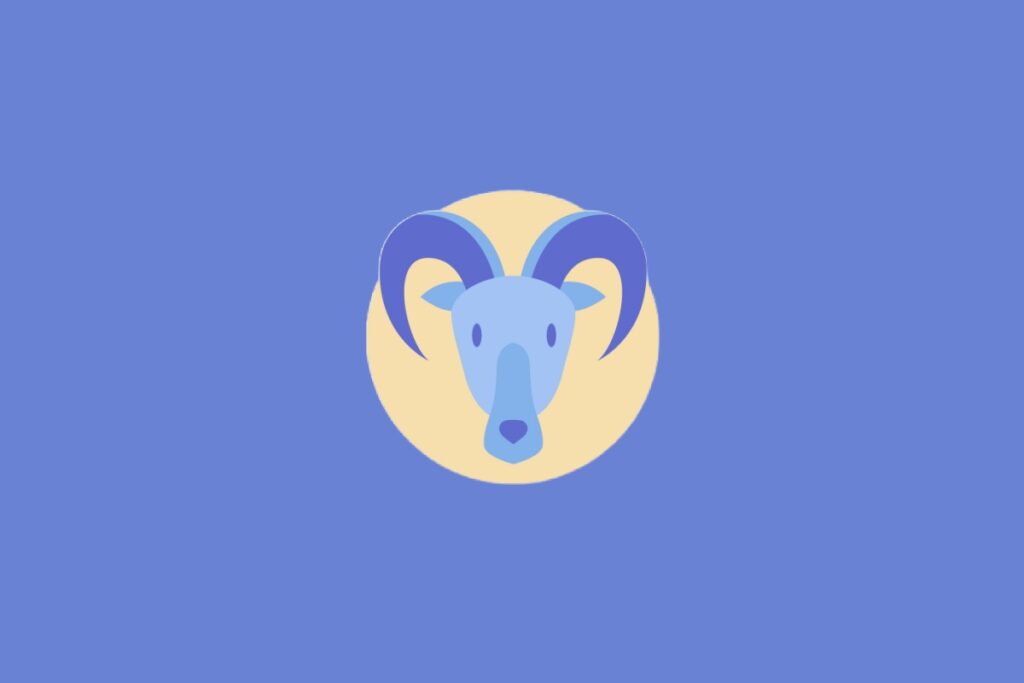 Ilustração centralizada da cabeça de uma cabra em tons de azul dentro de um círculo bege, representando o signo de Capricórnio sobre um fundo azul-claro.