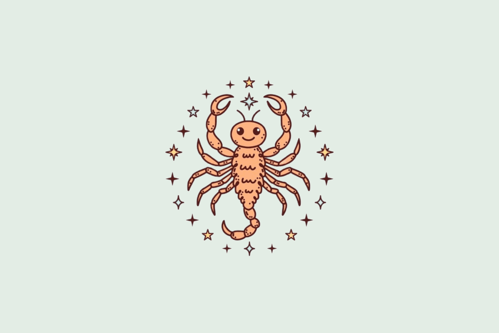 Uma ilustração simplificada do signo de Escorpião, mostrando um escorpião laranja-claro fofo, cercado por pequenas estrelas.