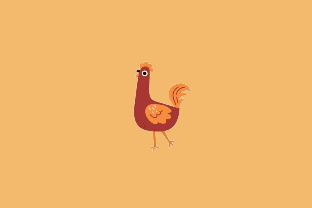 Ilustração minimalista de um galo de cor avermelhada com asas e cauda alaranjadas, sobre um fundo sólido bege-alaranjado.