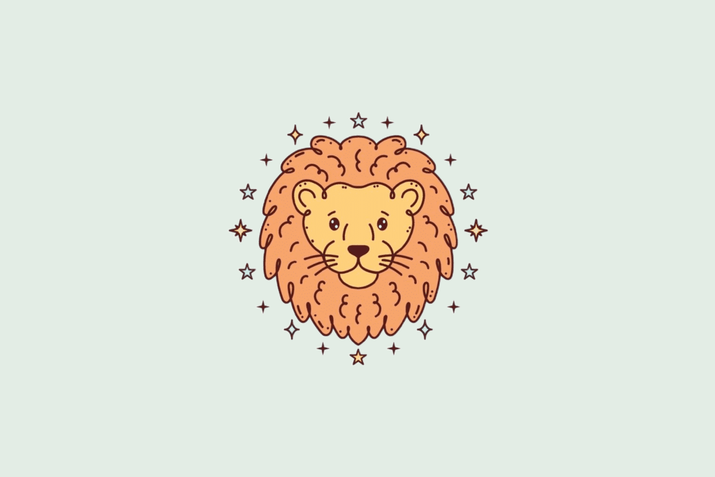 Uma ilustração simplificada do signo de Leão, mostrando a cabeça de um leão com juba laranja, cercada por pequenas estrelas.