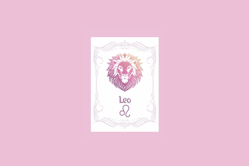 Um cartão branco com uma moldura ornamentada em rosa claro contém a ilustração da cabeça de um leão com um gradiente de roxo a laranja, e o texto "Leo" acima do símbolo do leão, tudo sobre um fundo rosa sólido.