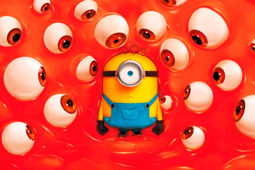 Um pequeno Minion amarelo, vestindo macacão azul e um único óculos protetor, está de pé no centro, cercado por uma parede de dezenas de globos oculares vermelhos e brancos com pupilas vermelhas, todos olhando para ele. O fundo é um padrão repetitivo de globos oculares semelhantes.