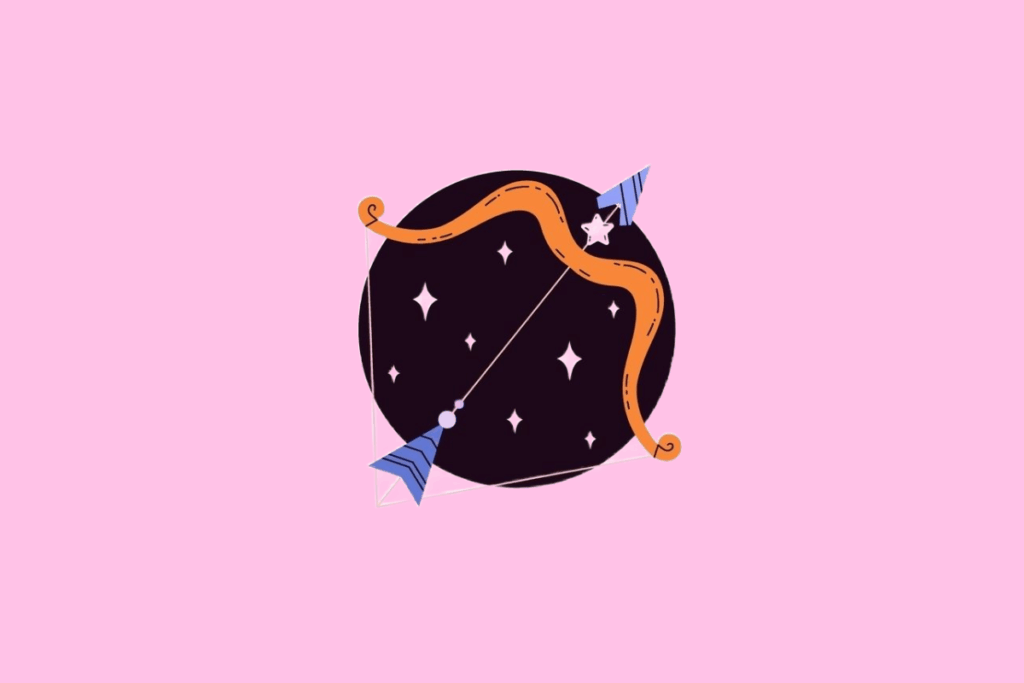 Ilustração de um arco e flecha estilizados sobrepostos a um círculo escuro com pequenas estrelas brancas. O arco é de cor laranja ondulada e a flecha possui ponta e penas em tons de azul e roxo. O fundo da imagem é composto pela cor rosa-claro