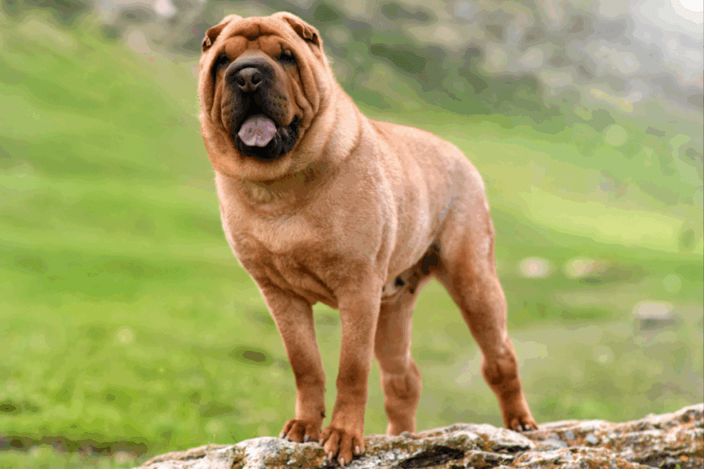 Cachorro Shar pei, com pelagem bege, em pé em um gramado e mostrando a língua 