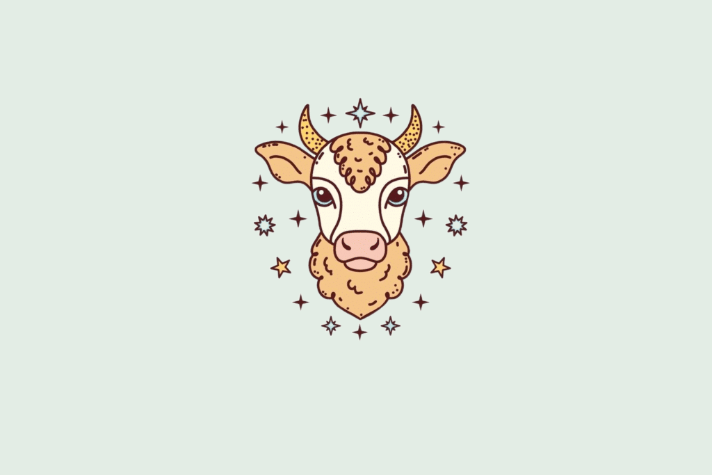 Uma ilustração simplificada do signo de Touro, mostrando a cabeça de um touro fofo com pequenos chifres, cercada por pequenas estrelas.
